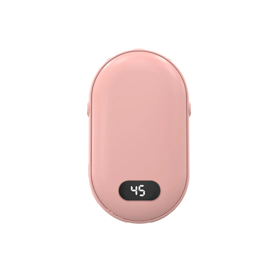 Double-sided heating with two temperature settings, this pocket hand warmer can be recharged    Rearrange this, make it more catching and shorter