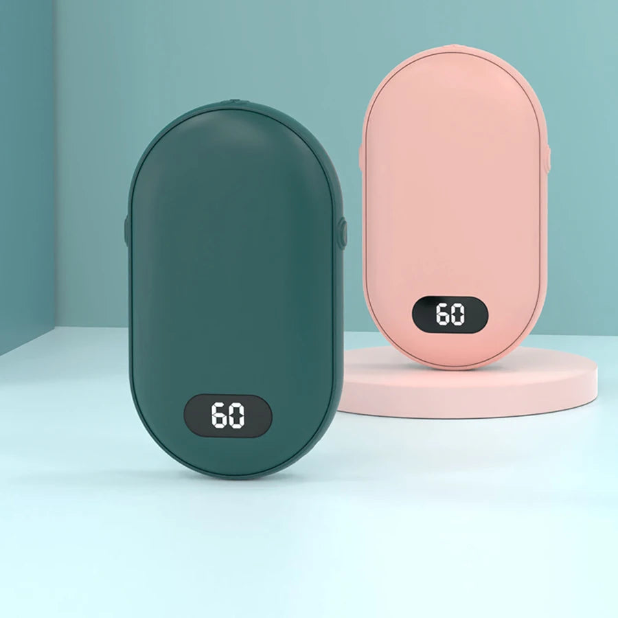 Double-sided heating with two temperature settings, this pocket hand warmer can be recharged    Rearrange this, make it more catching and shorter