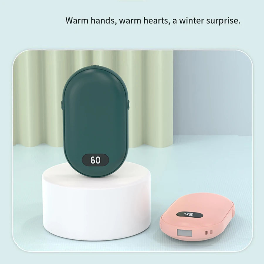 Double-sided heating with two temperature settings, this pocket hand warmer can be recharged    Rearrange this, make it more catching and shorter