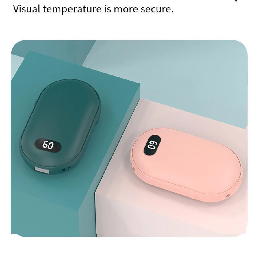 Double-sided heating with two temperature settings, this pocket hand warmer can be recharged    Rearrange this, make it more catching and shorter