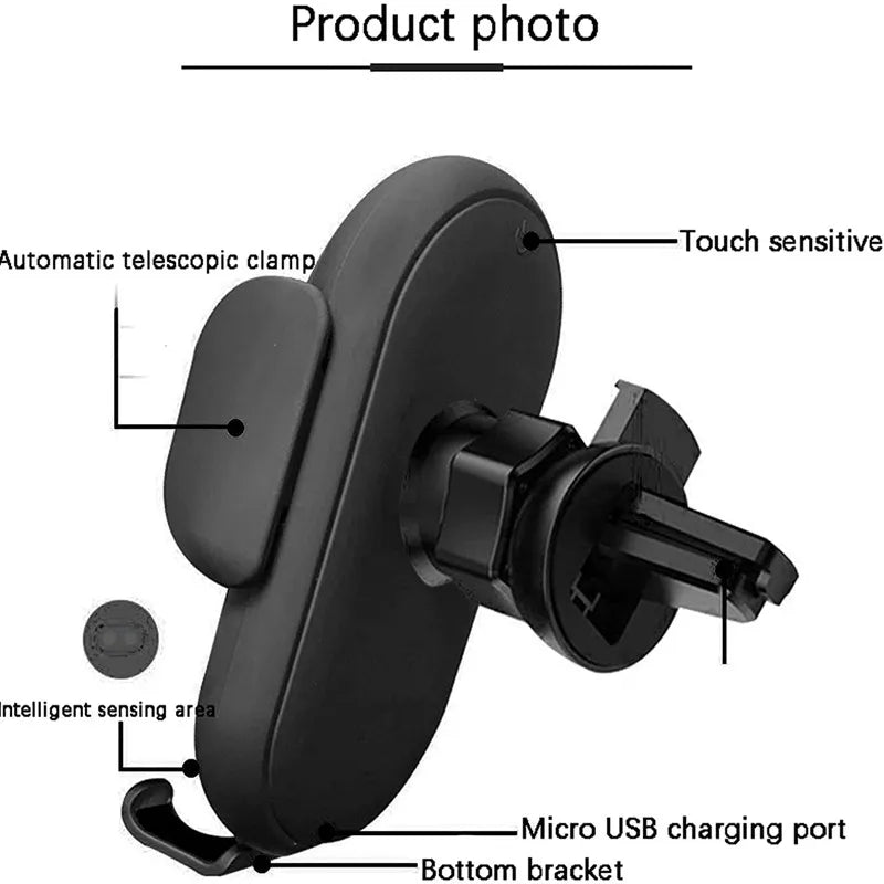 15W Fast Wireless Car Charger Mount with Auto Clamp & Air Vent Clip