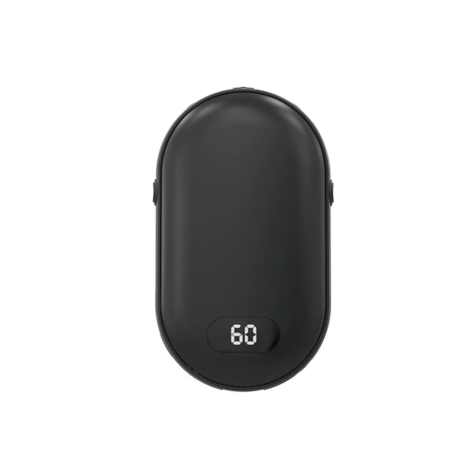 Double-sided heating with two temperature settings, this pocket hand warmer can be recharged    Rearrange this, make it more catching and shorter