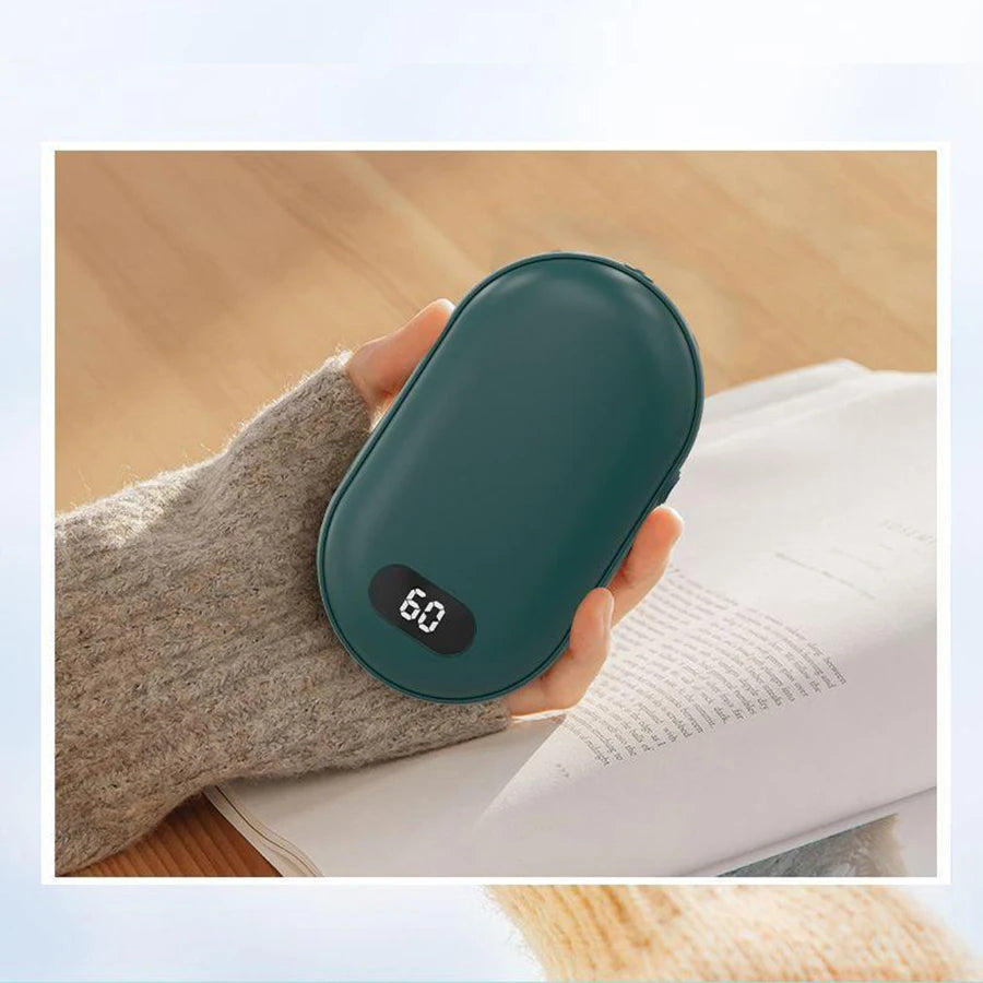 Double-sided heating with two temperature settings, this pocket hand warmer can be recharged    Rearrange this, make it more catching and shorter