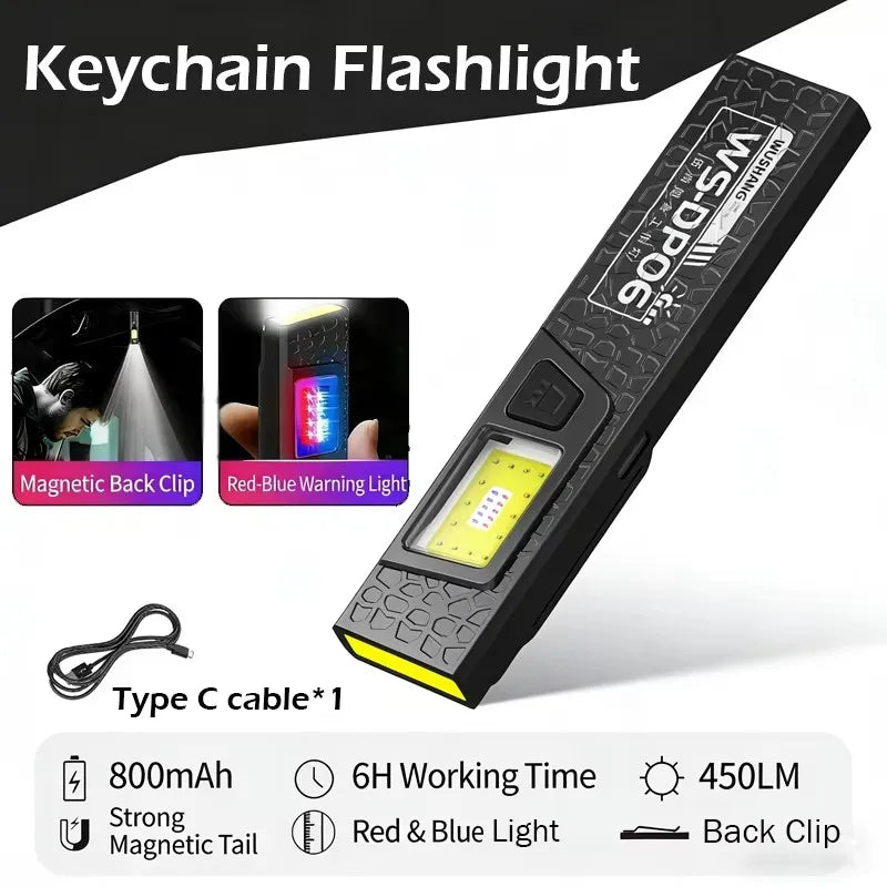 USB-C Rechargeable Mini COB LED Flashlight with Magnet & Clip