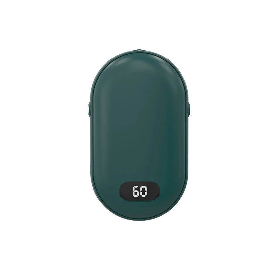 Double-sided heating with two temperature settings, this pocket hand warmer can be recharged    Rearrange this, make it more catching and shorter
