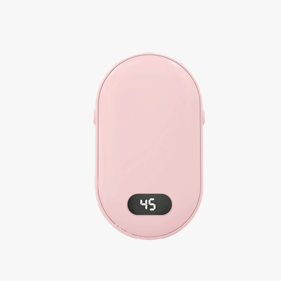 Double-sided heating with two temperature settings, this pocket hand warmer can be recharged    Rearrange this, make it more catching and shorter