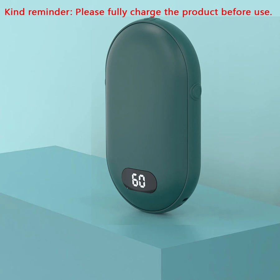 Double-sided heating with two temperature settings, this pocket hand warmer can be recharged    Rearrange this, make it more catching and shorter